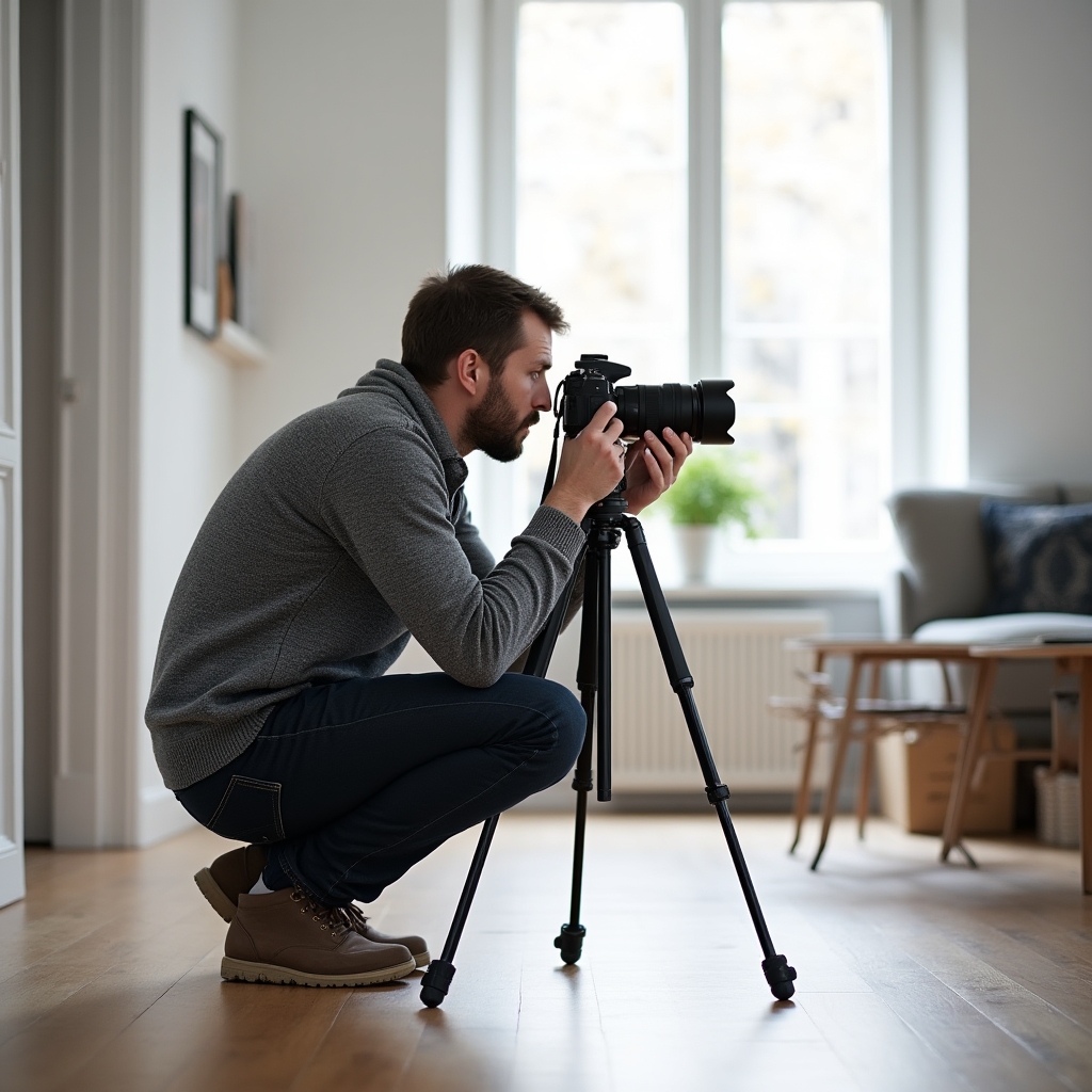 Fotograf profesionist configurând echipamentul într-un apartament modern